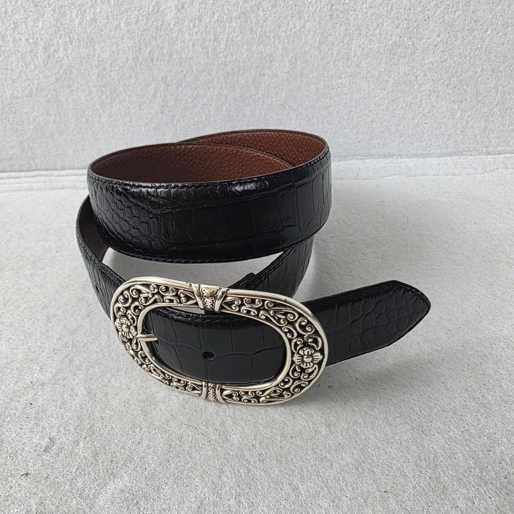 Women's Black Crocodile Embossed Belt Silver Filigree Floral Buckle Size 34